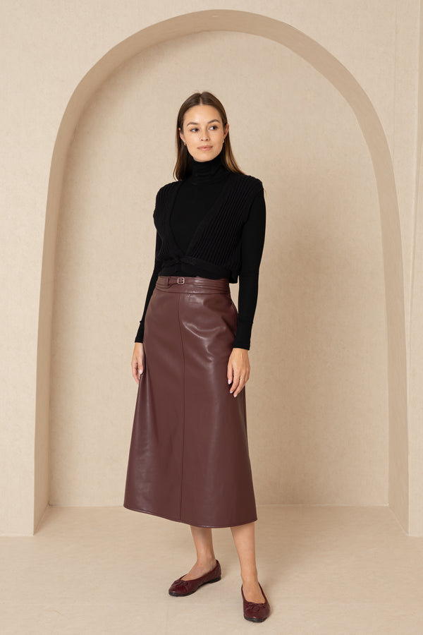 Burgundy Belted Leather Skirt