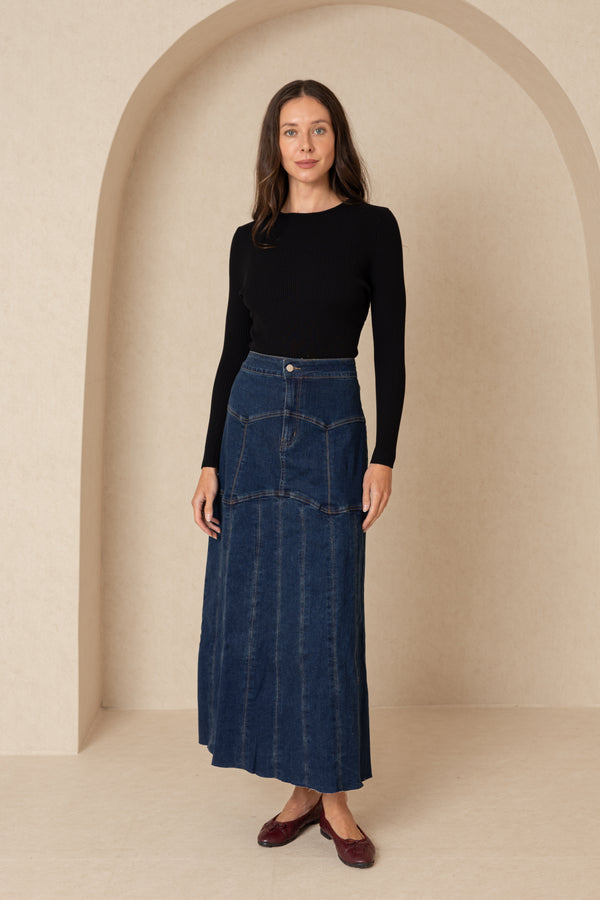 Dark Blue Panel Denim Skirt