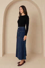 Dark Blue Panel Denim Skirt