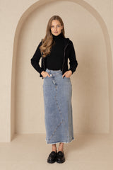 Blue Cross Button Denim Skirt