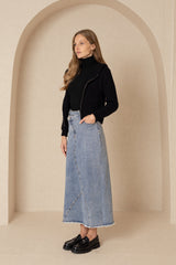 Blue Cross Button Denim Skirt