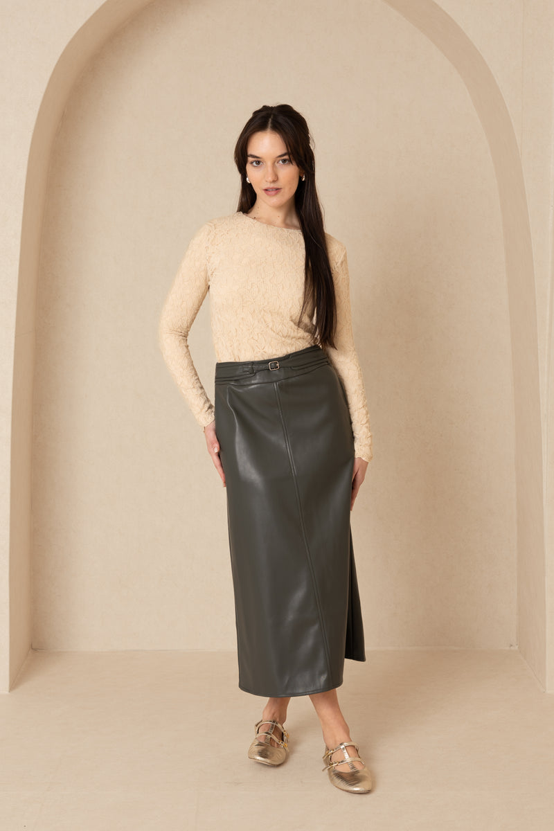 Green Belted Leather Skirt