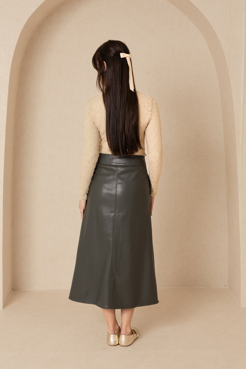 Green Belted Leather Skirt