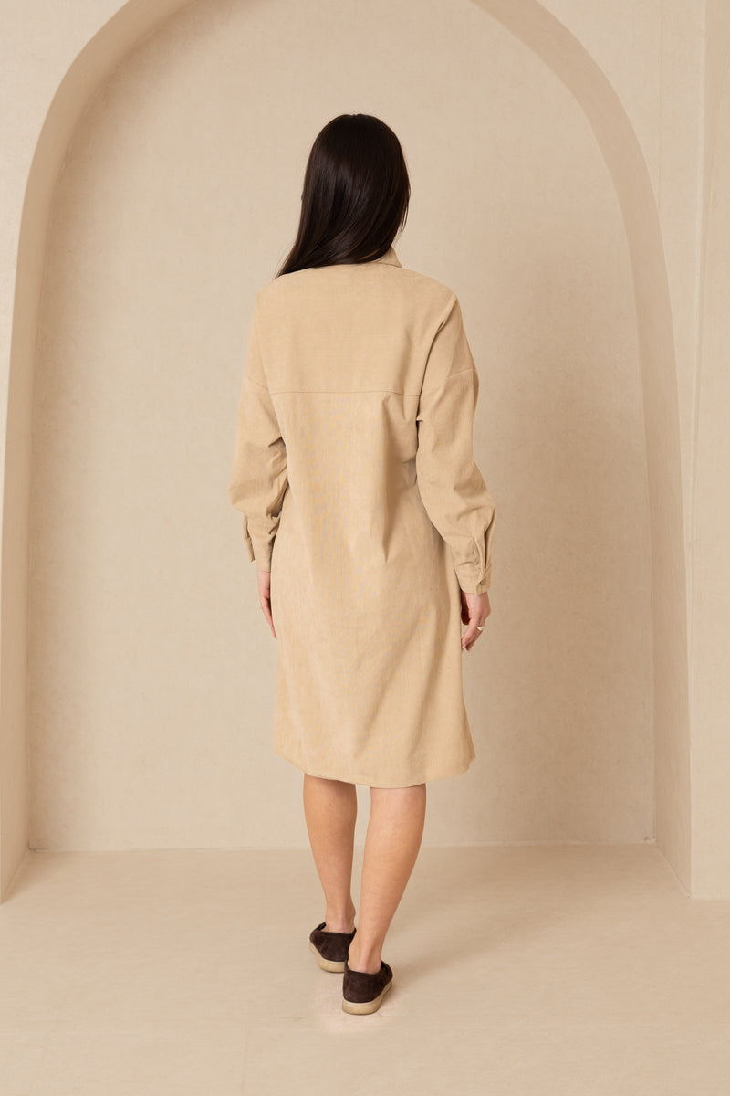 Sand Corduroy Shirt Dress