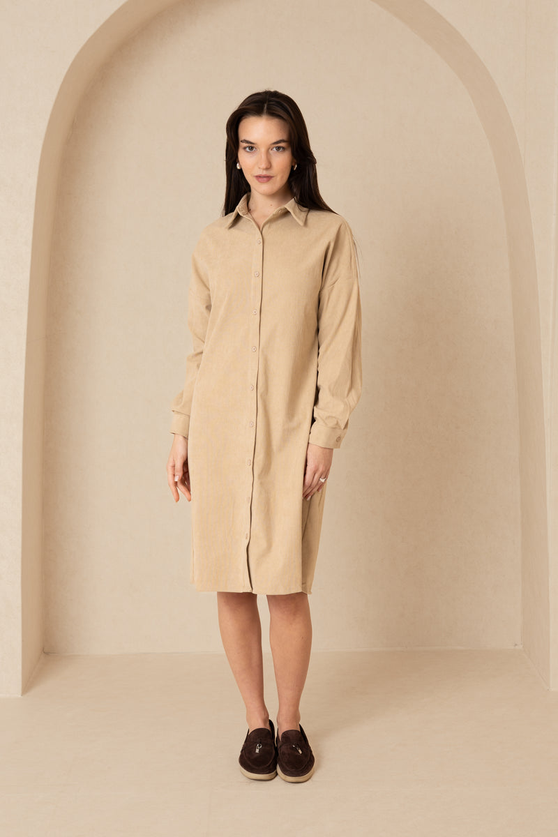 Sand Corduroy Shirt Dress