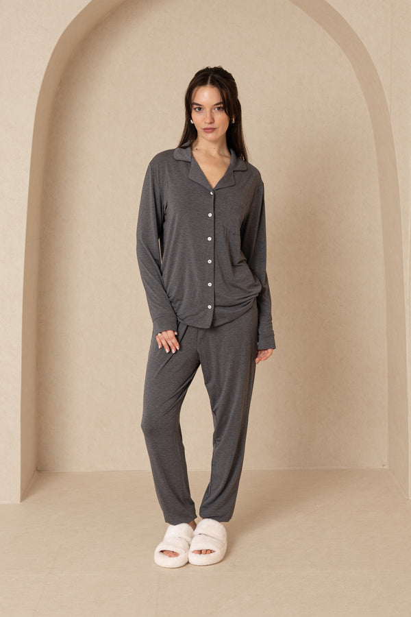 Grey Long Sleeve Pajama Top and Jogger Pants